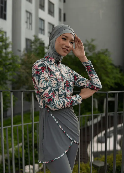 Modernly Modest Raya Tropical Muslimah Swimwear Set in Grey (Plus Size Available)