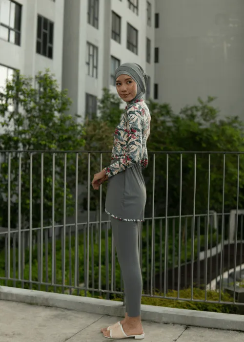Modernly Modest Raya Tropical Muslimah Swimwear Set in Grey (Plus Size Available)