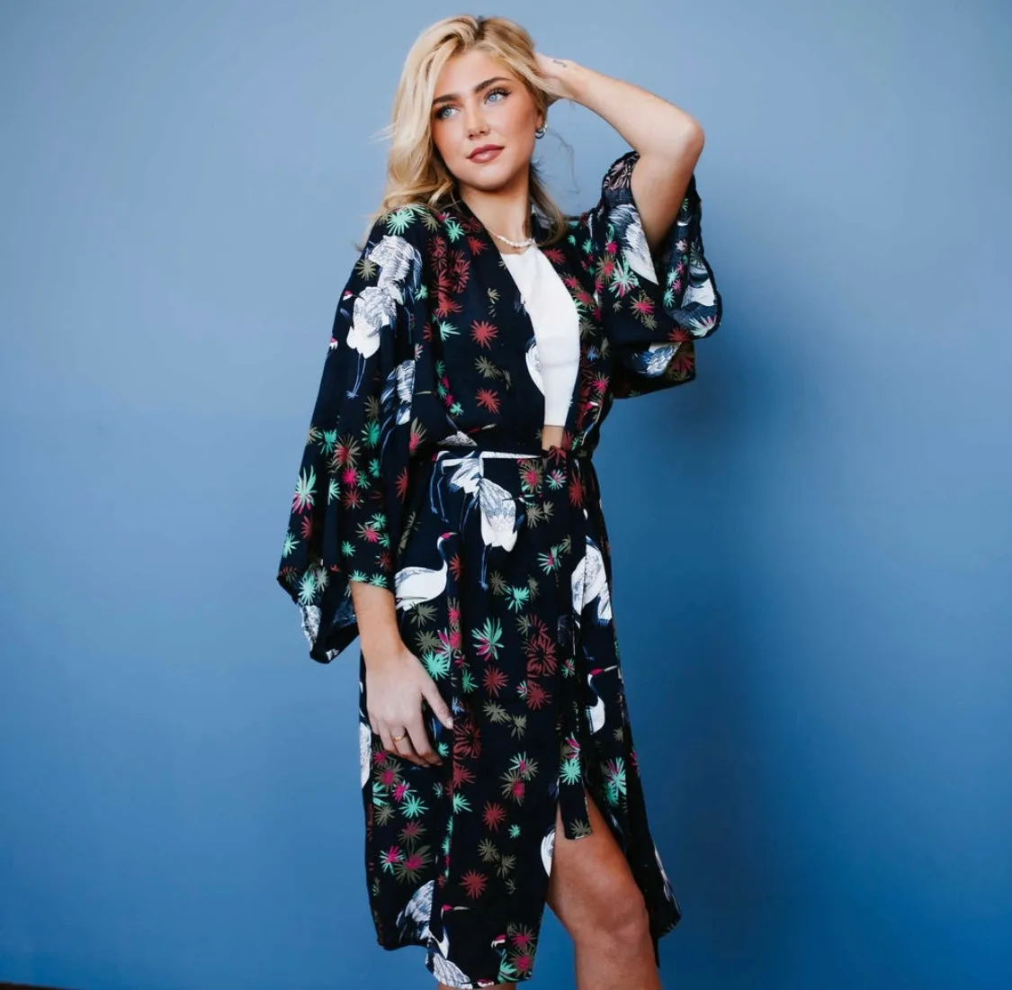 Navy Tropical Birds Tie Front Kimono - Preorder
