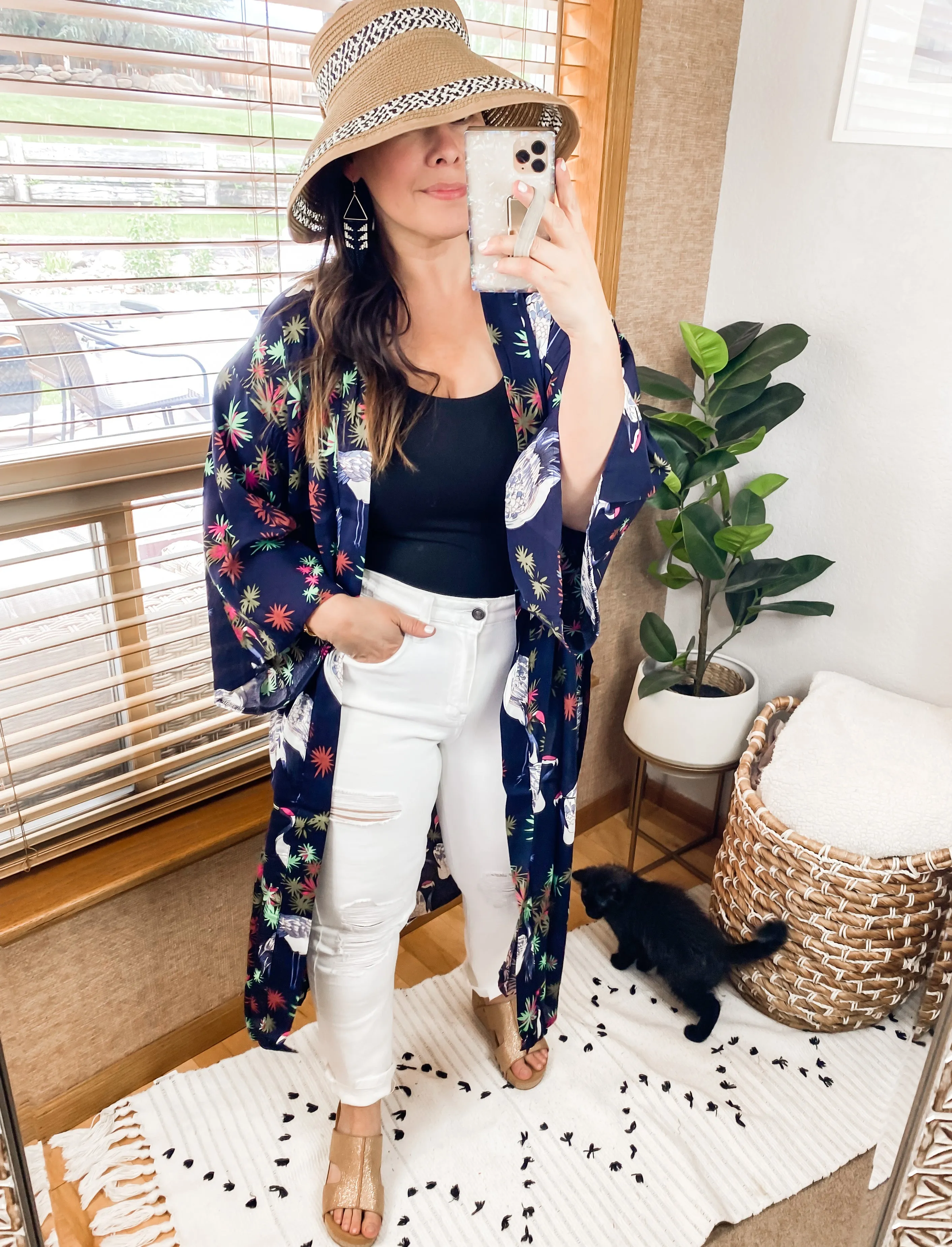 Navy Tropical Birds Tie Front Kimono - Preorder