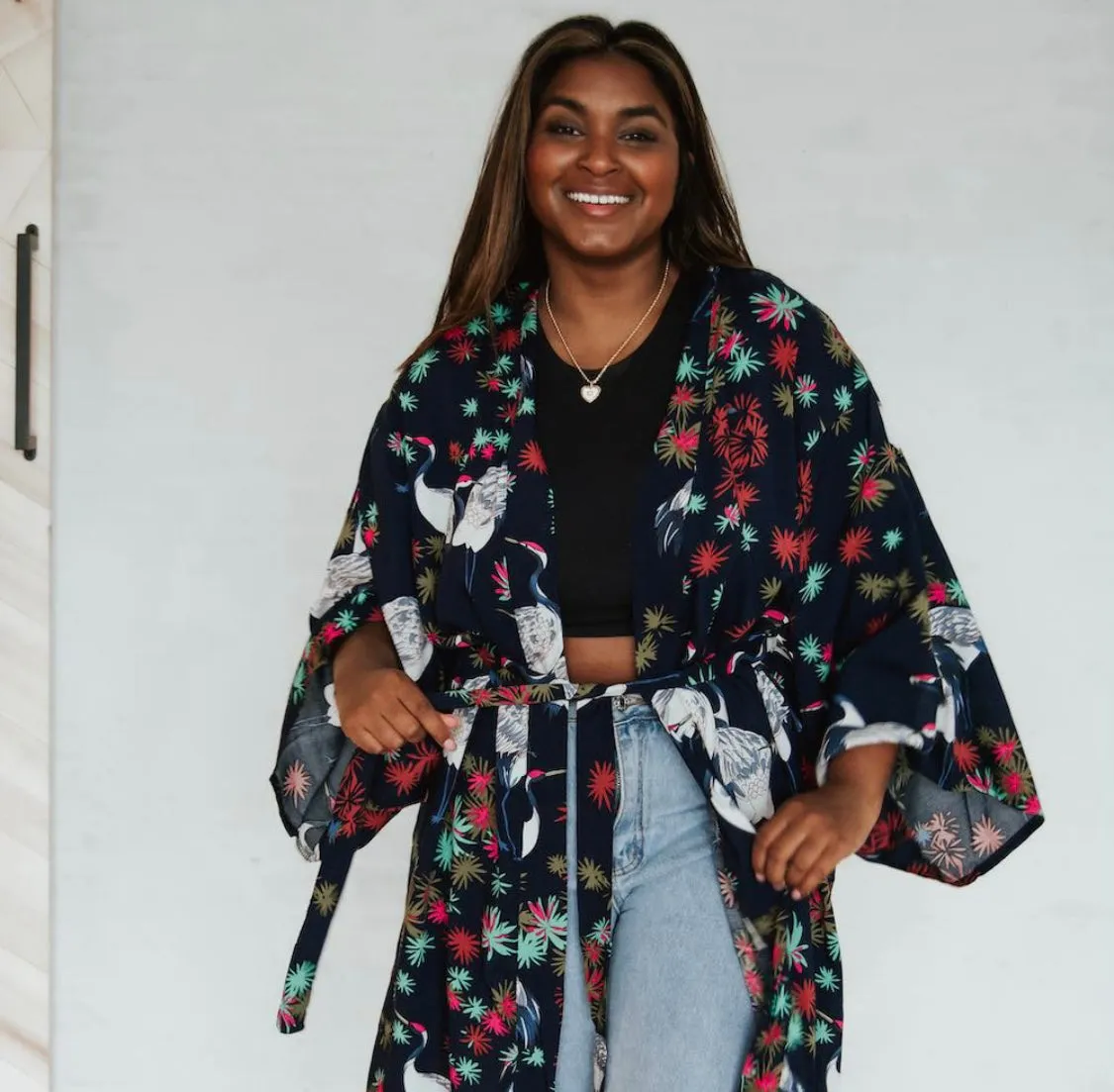 Navy Tropical Birds Tie Front Kimono - Preorder