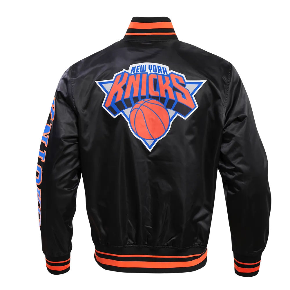 NBA NEW YORK KNICKS CHEST MEN'S LAYERED RIB SATIN JACKET (BLACK/ORANGE)