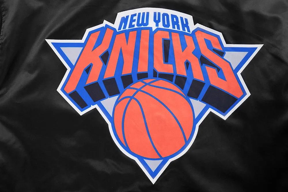 NBA NEW YORK KNICKS CHEST MEN'S LAYERED RIB SATIN JACKET (BLACK/ORANGE)
