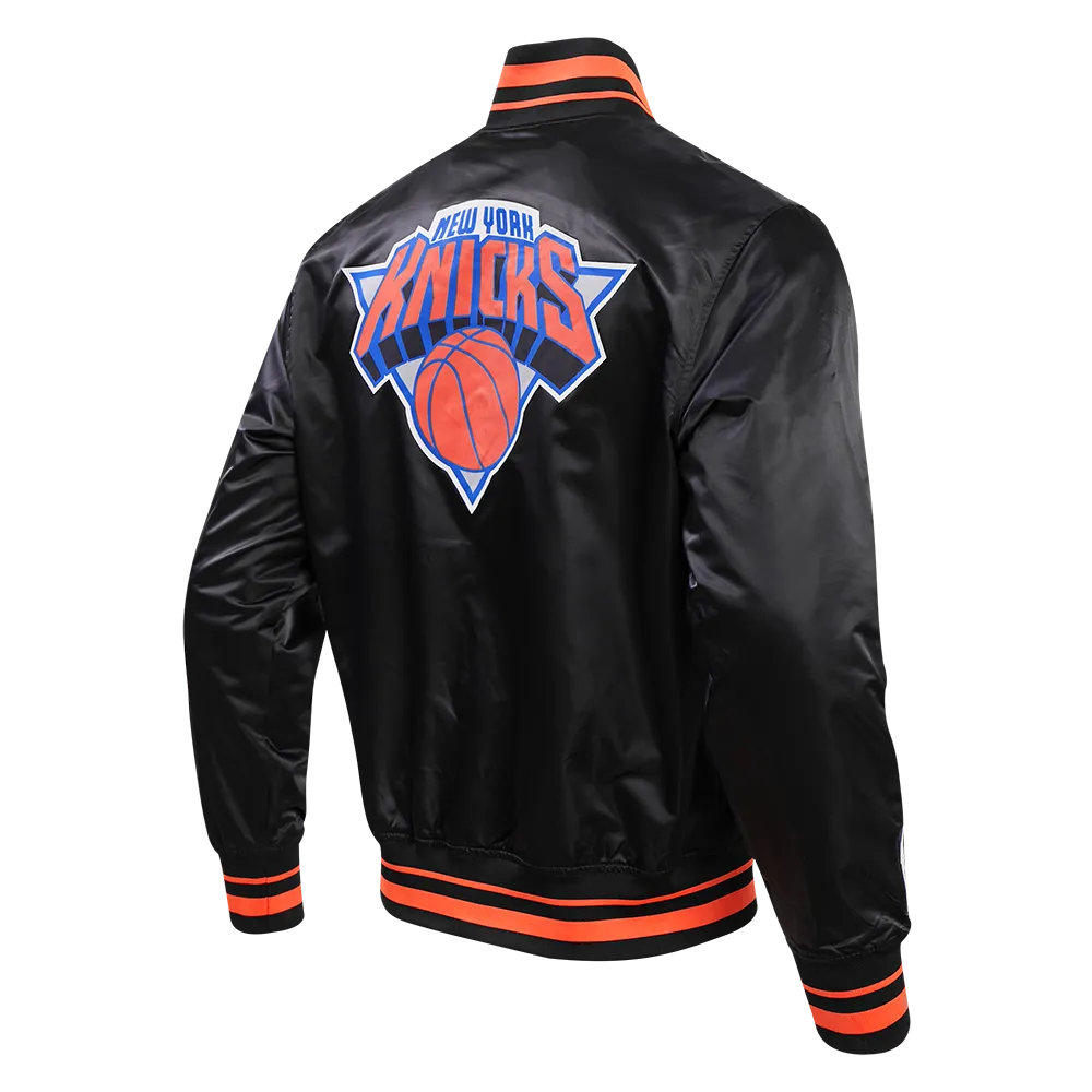 NBA NEW YORK KNICKS CHEST MEN'S LAYERED RIB SATIN JACKET (BLACK/ORANGE)