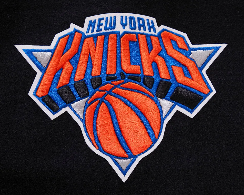 NBA NEW YORK KNICKS CHEST MEN'S LAYERED RIB WOOL VARSITY JACKET (BLACK/ORANGE)