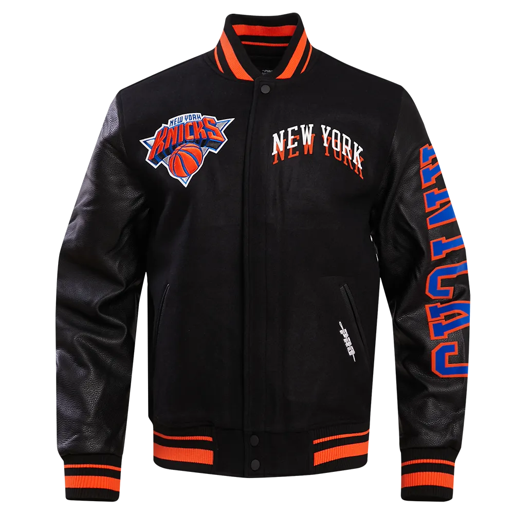 NBA NEW YORK KNICKS CHEST MEN'S LAYERED RIB WOOL VARSITY JACKET (BLACK/ORANGE)