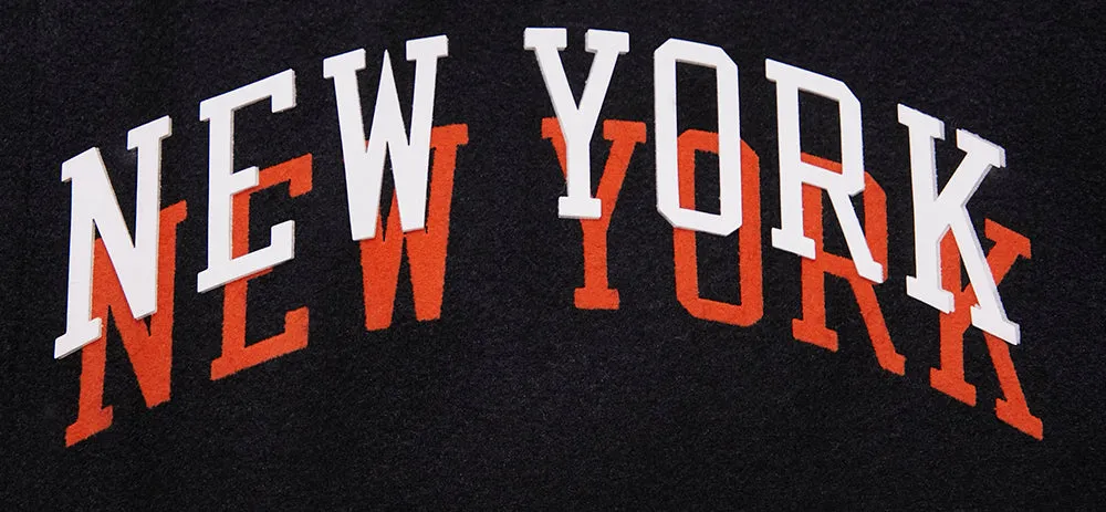 NBA NEW YORK KNICKS CHEST MEN'S LAYERED RIB WOOL VARSITY JACKET (BLACK/ORANGE)