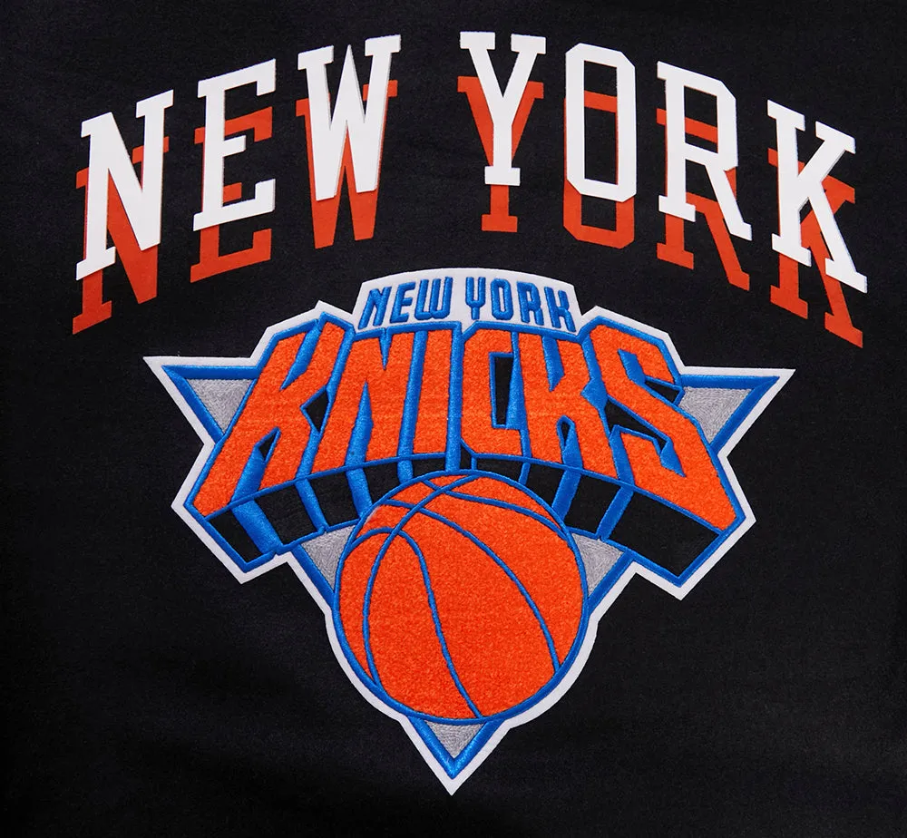 NBA NEW YORK KNICKS CHEST MEN'S LAYERED RIB WOOL VARSITY JACKET (BLACK/ORANGE)