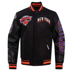NBA NEW YORK KNICKS CHEST MEN'S LAYERED RIB WOOL VARSITY JACKET (BLACK/ORANGE)