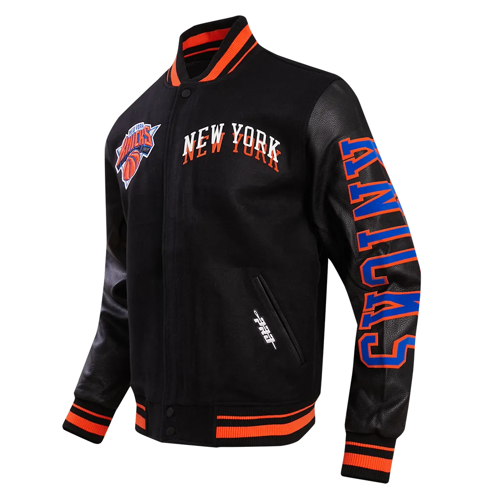 NBA NEW YORK KNICKS CHEST MEN'S LAYERED RIB WOOL VARSITY JACKET (BLACK/ORANGE)