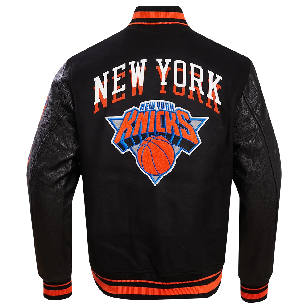 NBA NEW YORK KNICKS CHEST MEN'S LAYERED RIB WOOL VARSITY JACKET (BLACK/ORANGE)
