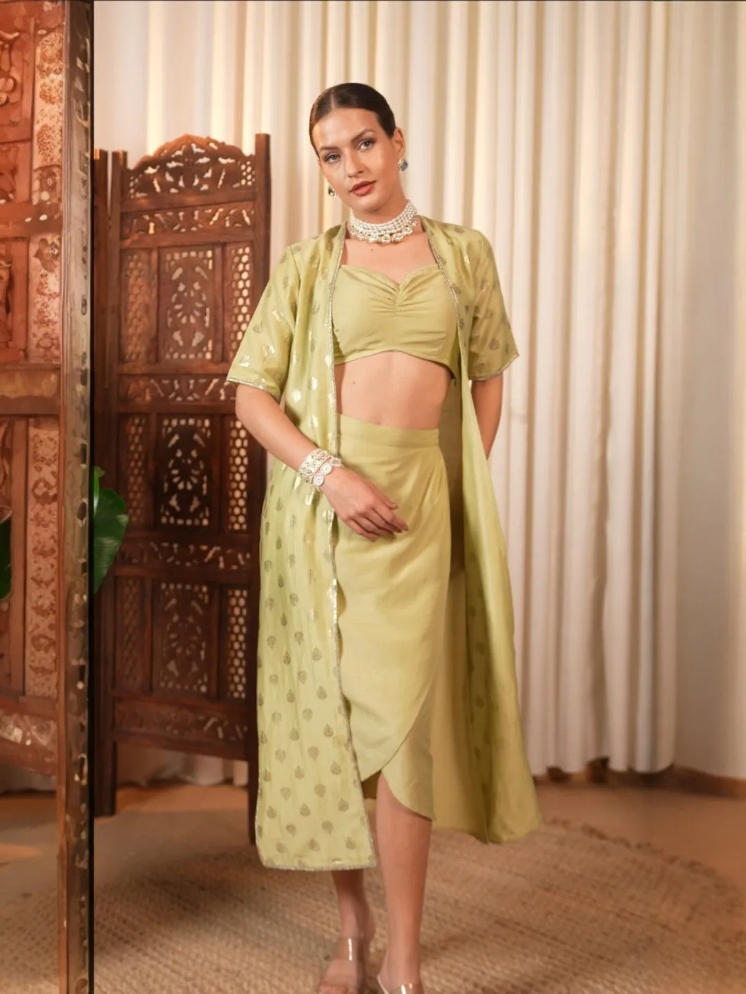 Pastel Foil Printed Shrug With Solid Bralette And Dhoti Skirt Set (Set Of 3)