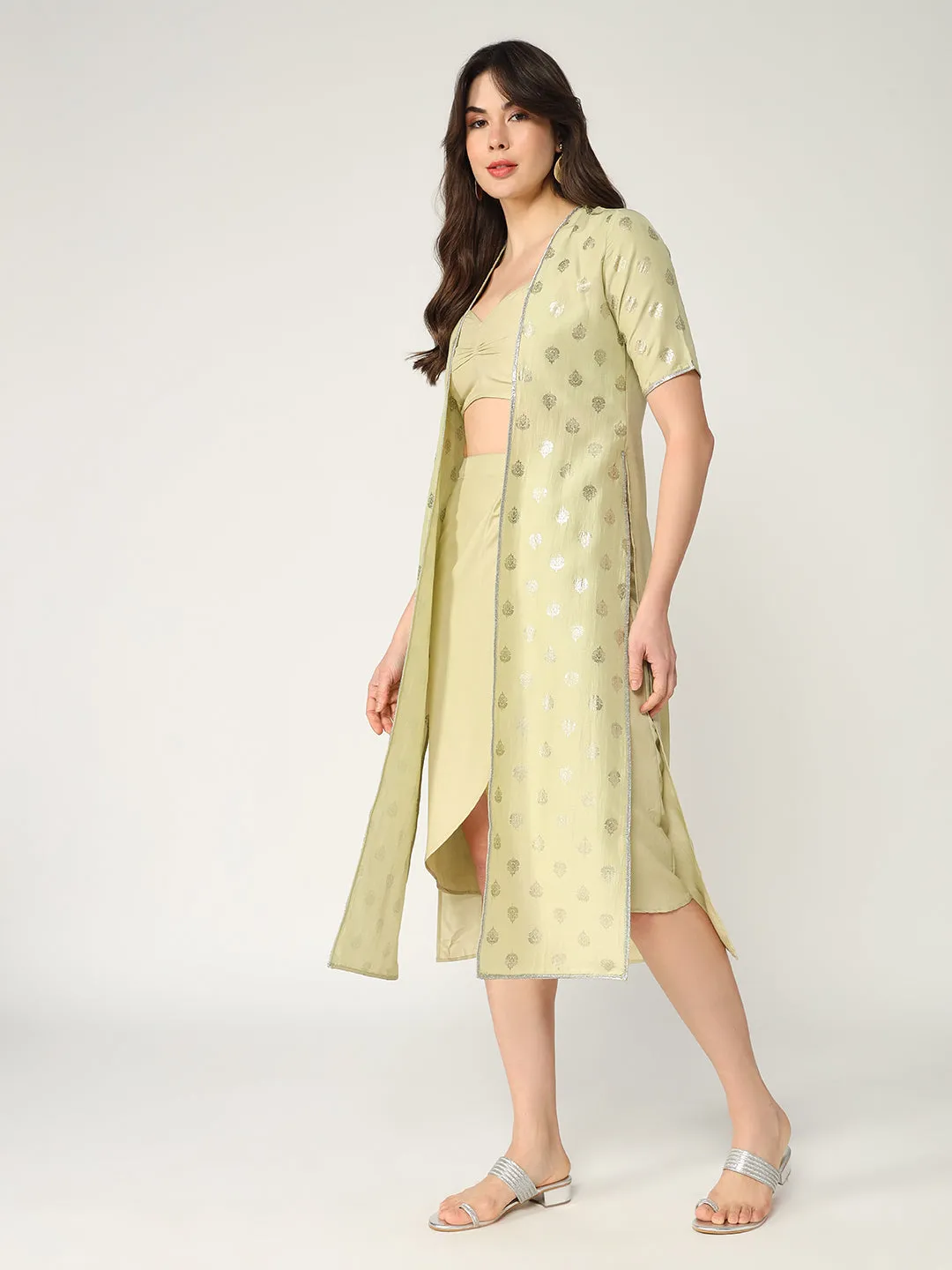 Pastel Foil Printed Shrug With Solid Bralette And Dhoti Skirt Set (Set Of 3)