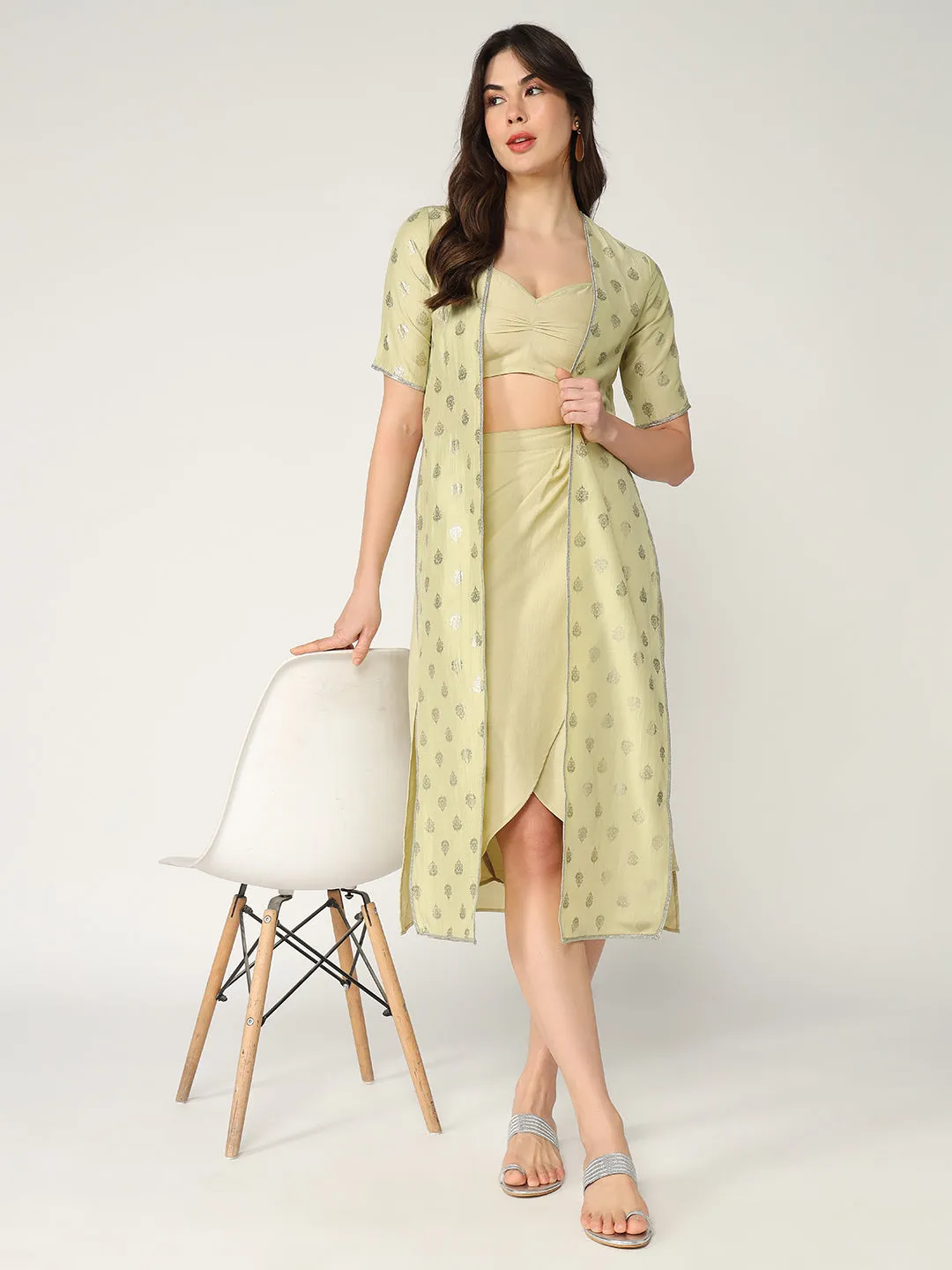 Pastel Foil Printed Shrug With Solid Bralette And Dhoti Skirt Set (Set Of 3)