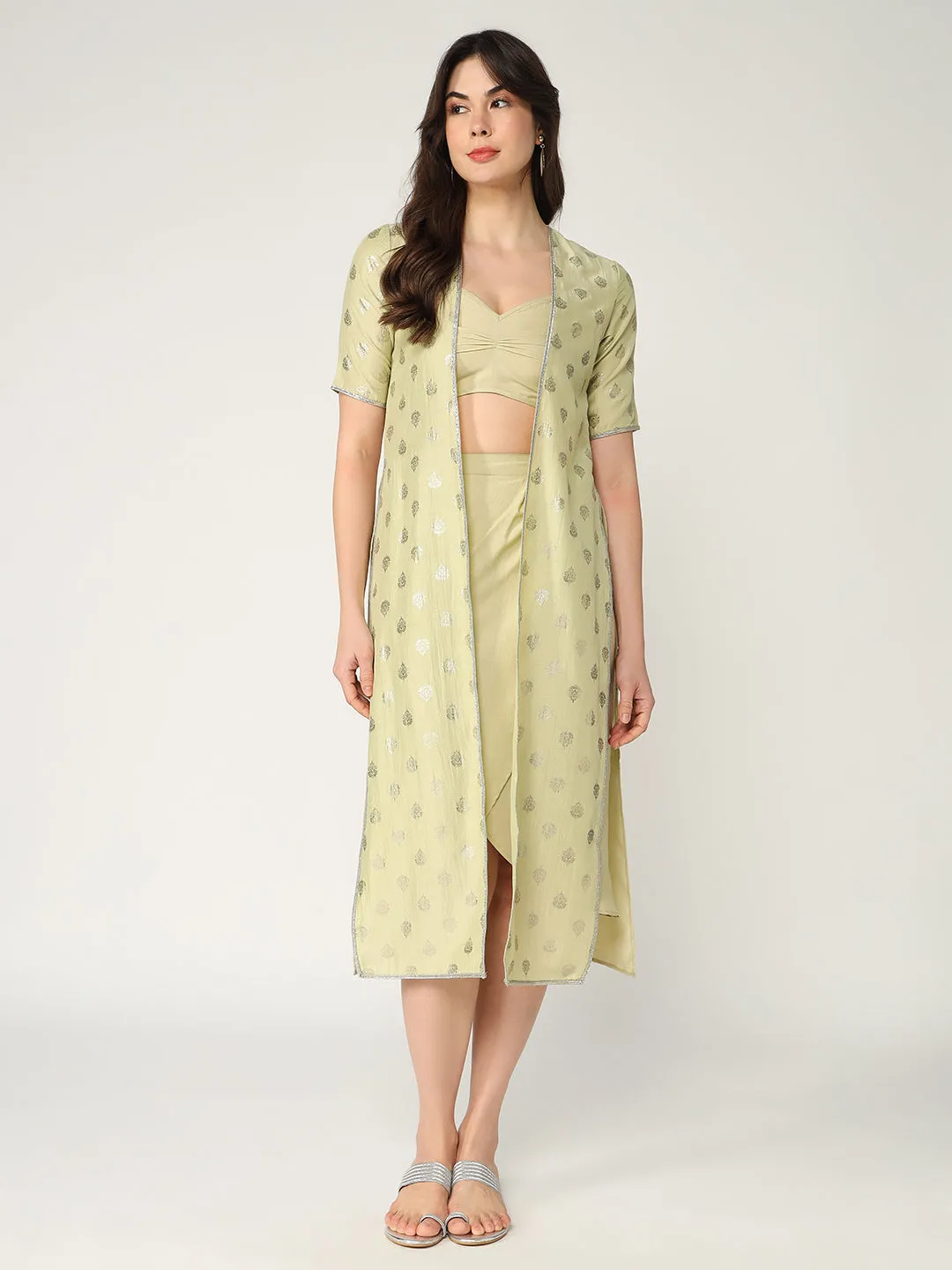 Pastel Foil Printed Shrug With Solid Bralette And Dhoti Skirt Set (Set Of 3)