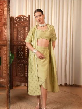 Pastel Foil Printed Shrug With Solid Bralette And Dhoti Skirt Set (Set Of 3)