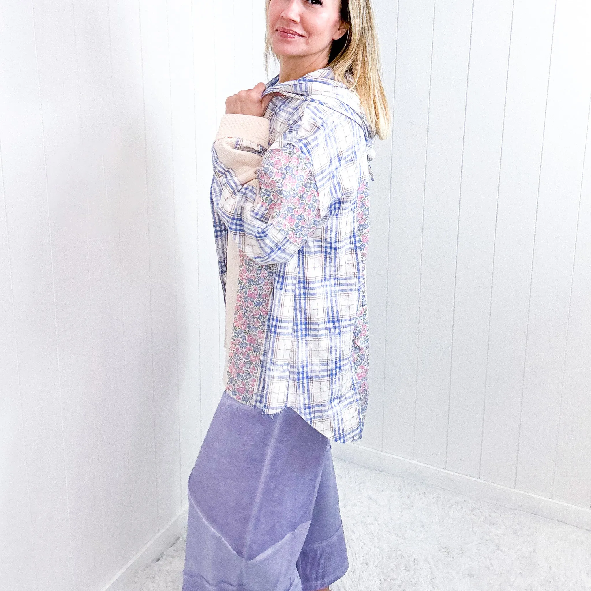 Pol Blue Floral and Plaid Woven Button Down Hoodie Top