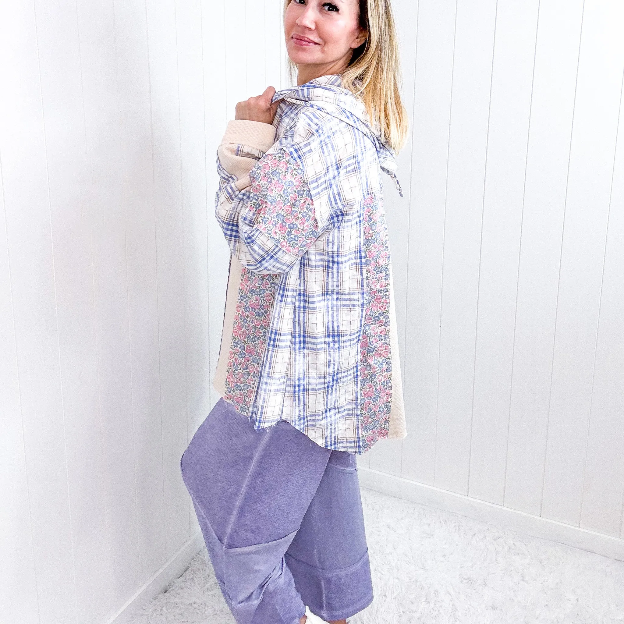 Pol Blue Floral and Plaid Woven Button Down Hoodie Top