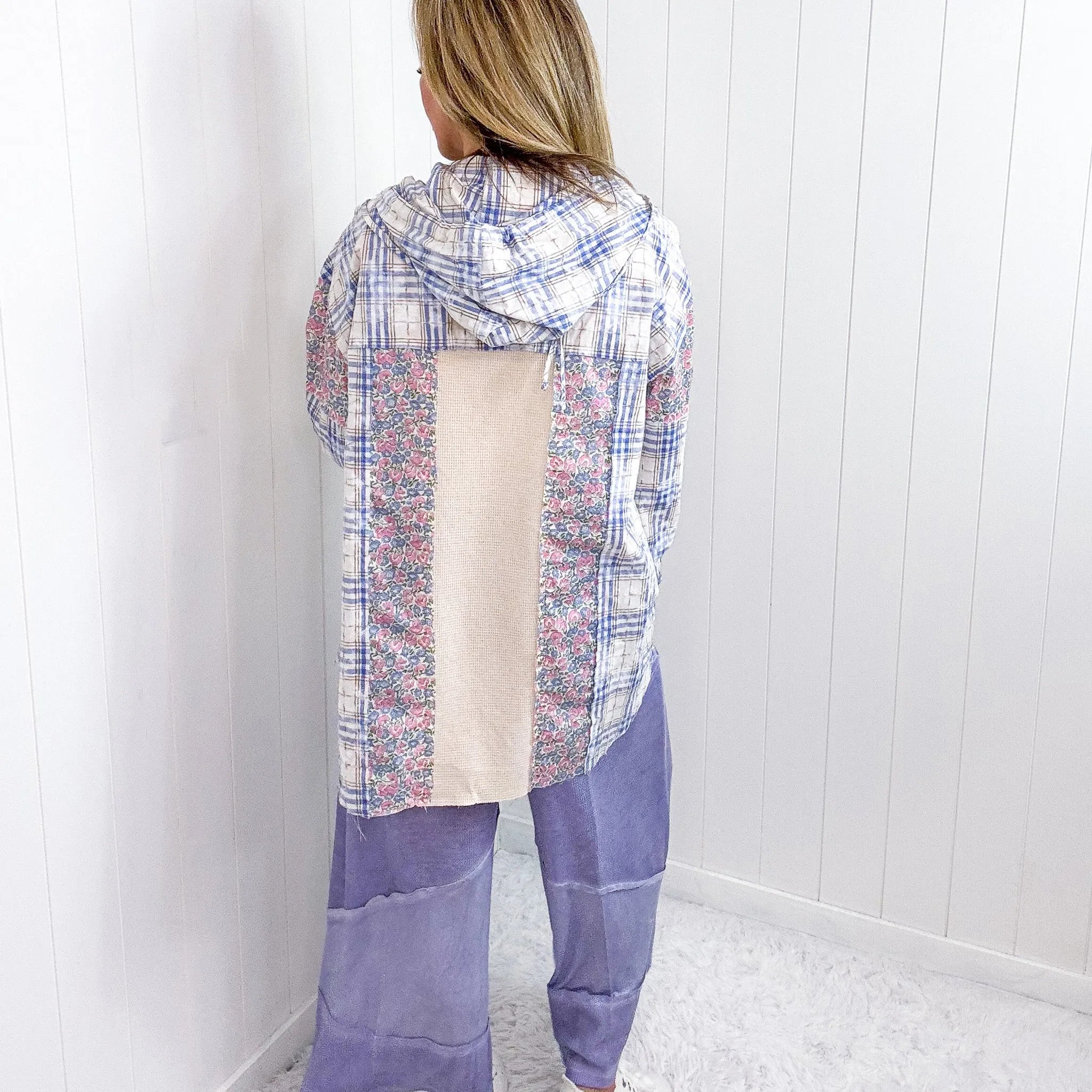 Pol Blue Floral and Plaid Woven Button Down Hoodie Top