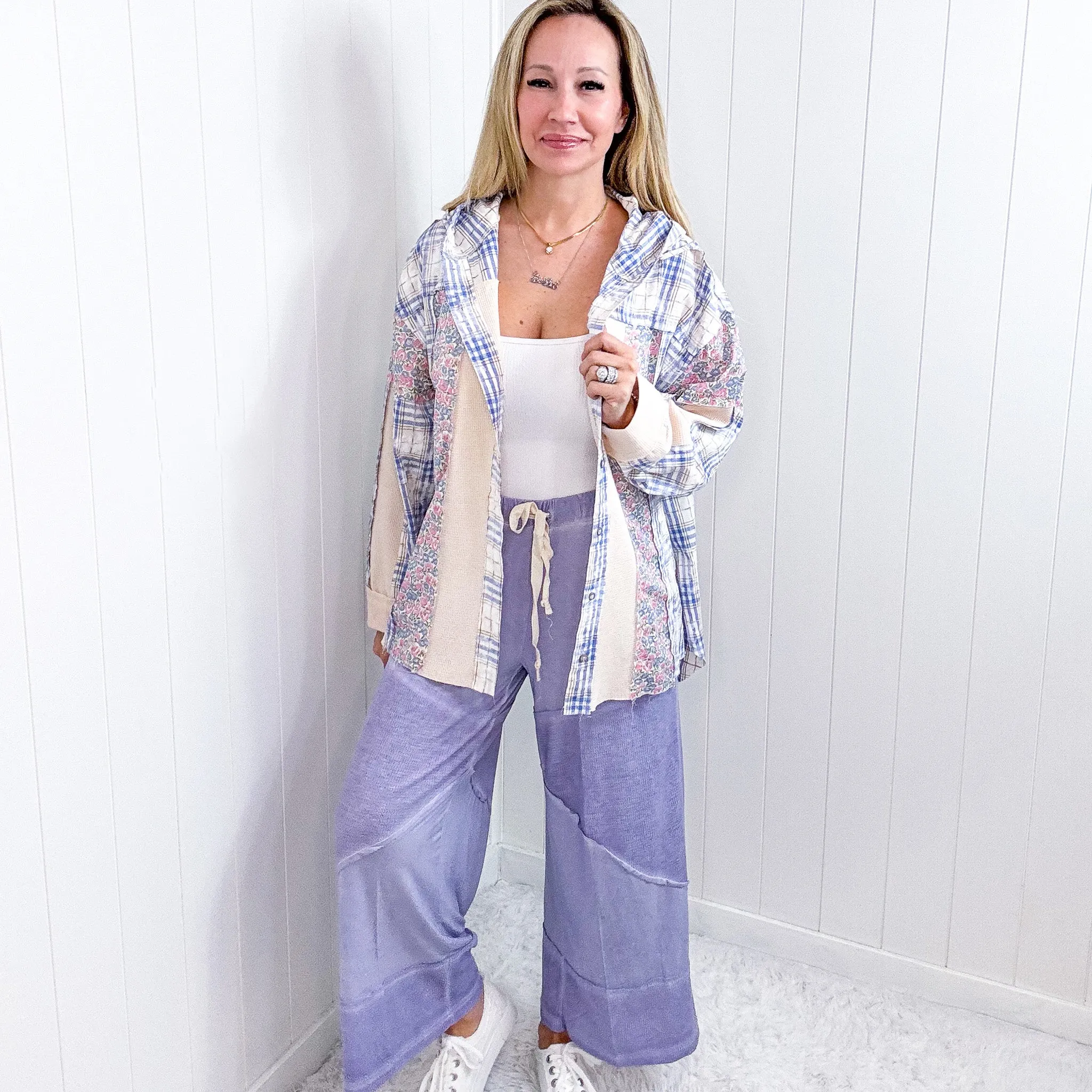 Pol Blue Floral and Plaid Woven Button Down Hoodie Top