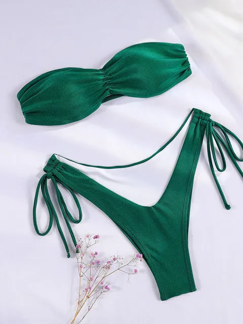 Push Up Bikinis Sexy Swimsuit Women Bikini Beachwear Solid Bathing Suit Bandage Swimwear Thongs Bikini Sets Folds