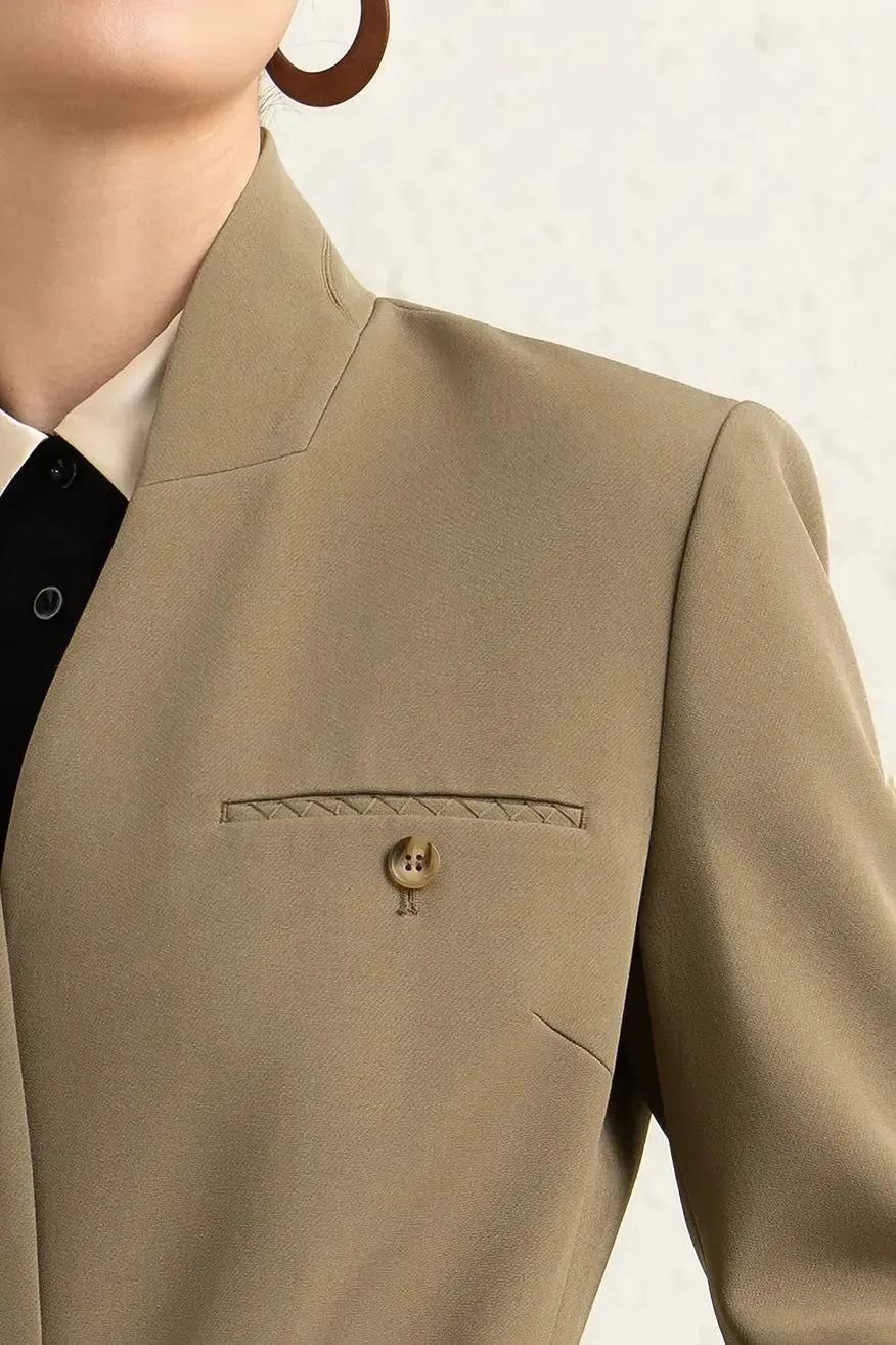 Single Breasted Stand Collar Long Belted Blazer