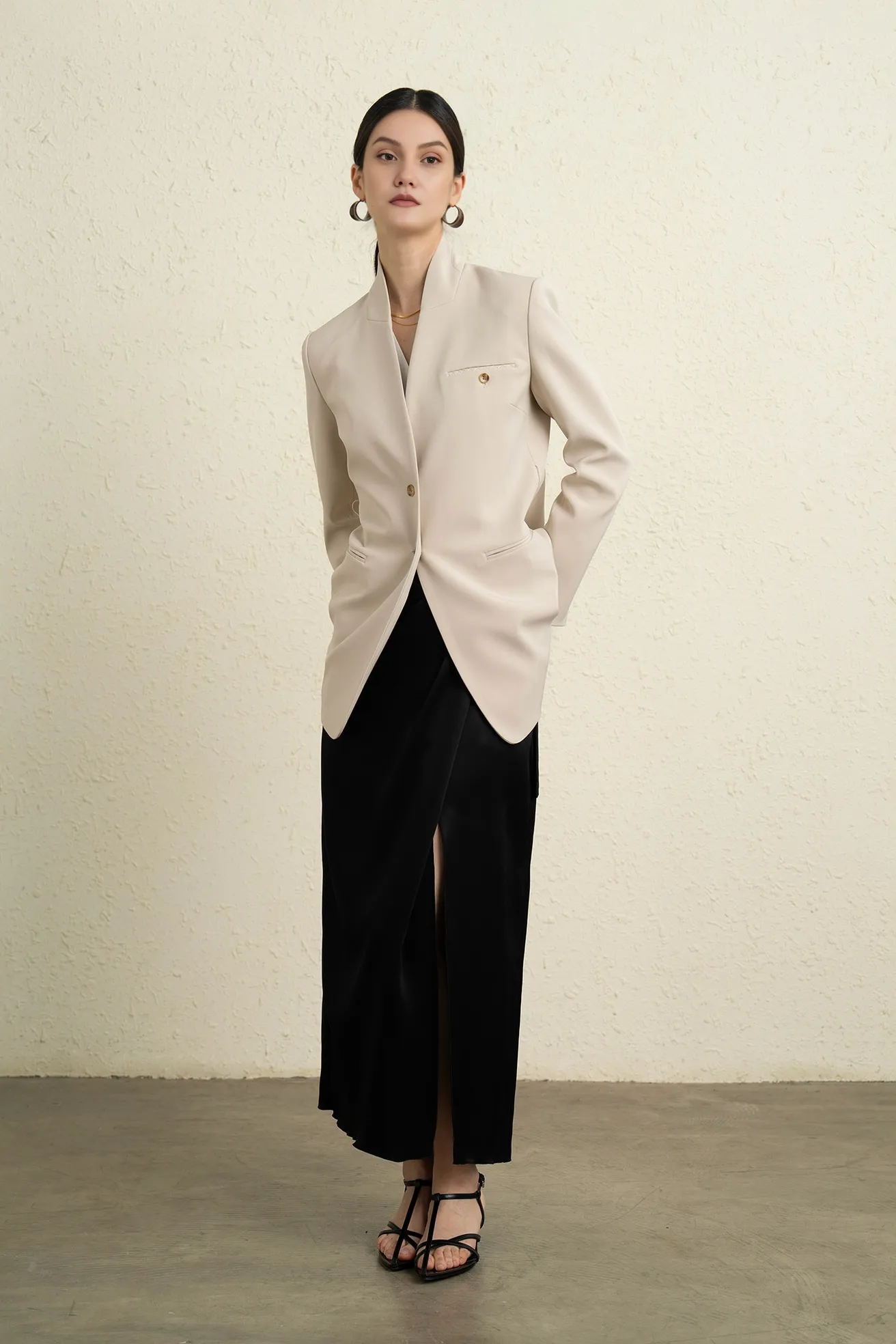 Single Breasted Stand Collar Long Belted Blazer