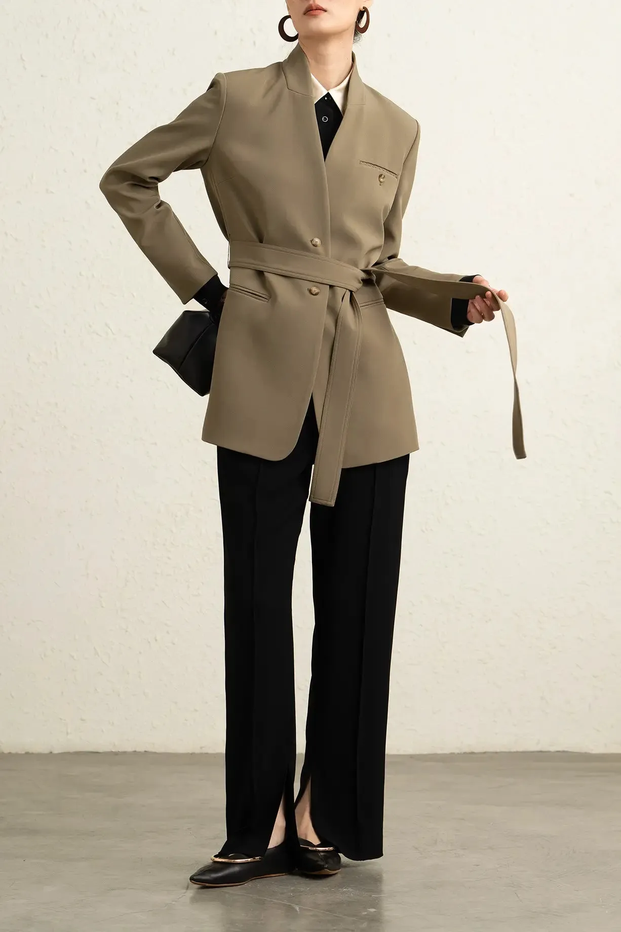Single Breasted Stand Collar Long Belted Blazer