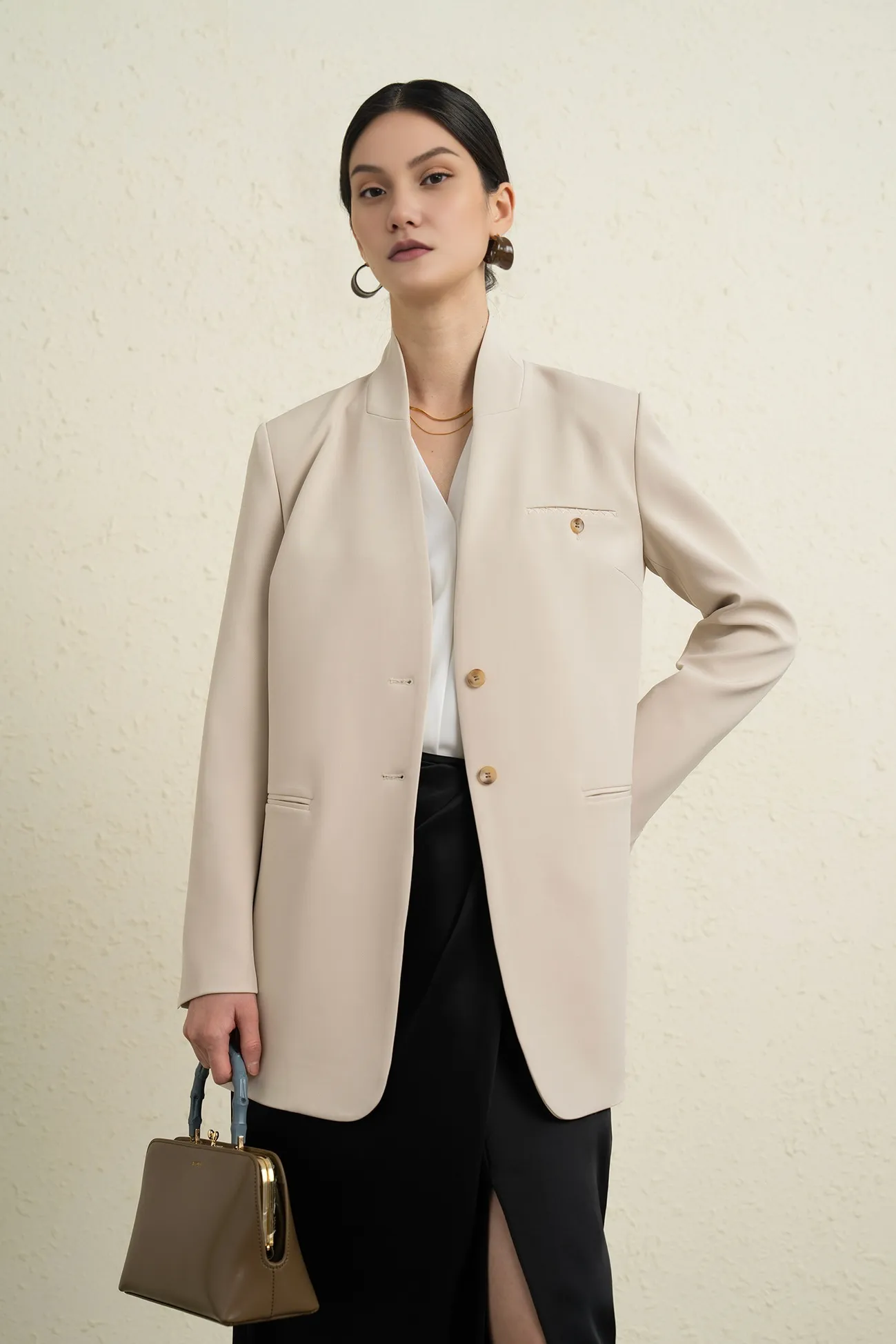 Single Breasted Stand Collar Long Belted Blazer