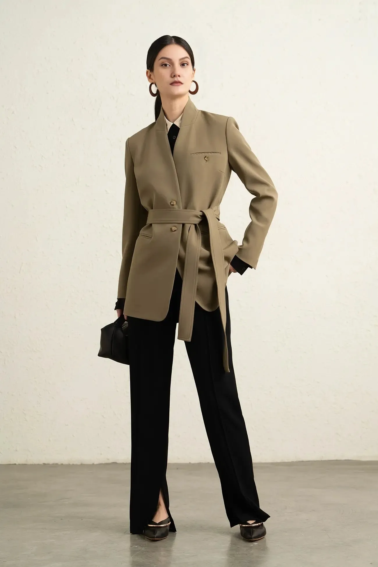 Single Breasted Stand Collar Long Belted Blazer