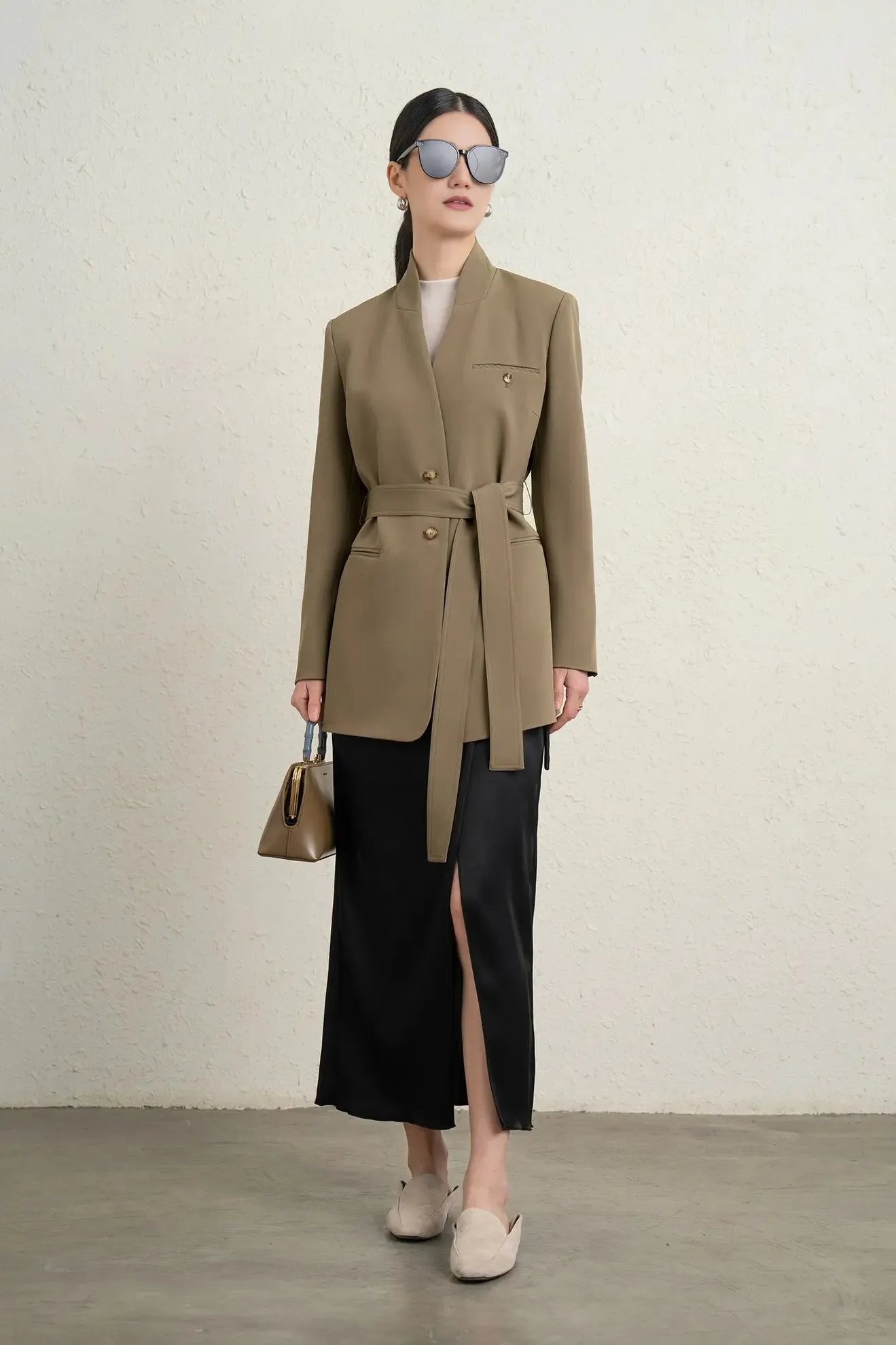 Single Breasted Stand Collar Long Belted Blazer