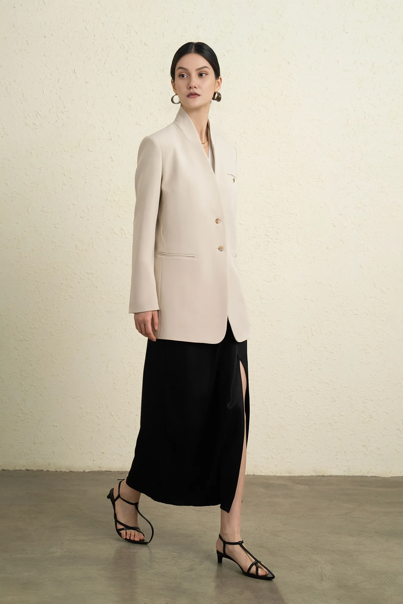 Single Breasted Stand Collar Long Belted Blazer
