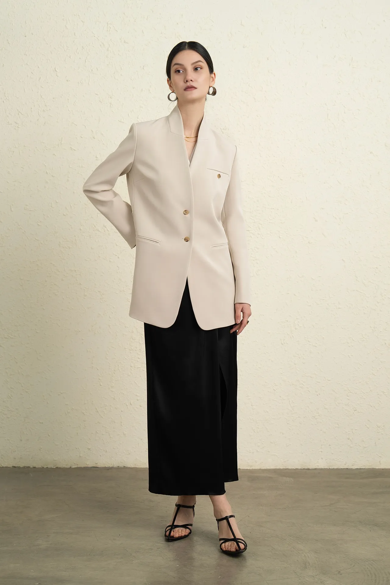 Single Breasted Stand Collar Long Belted Blazer