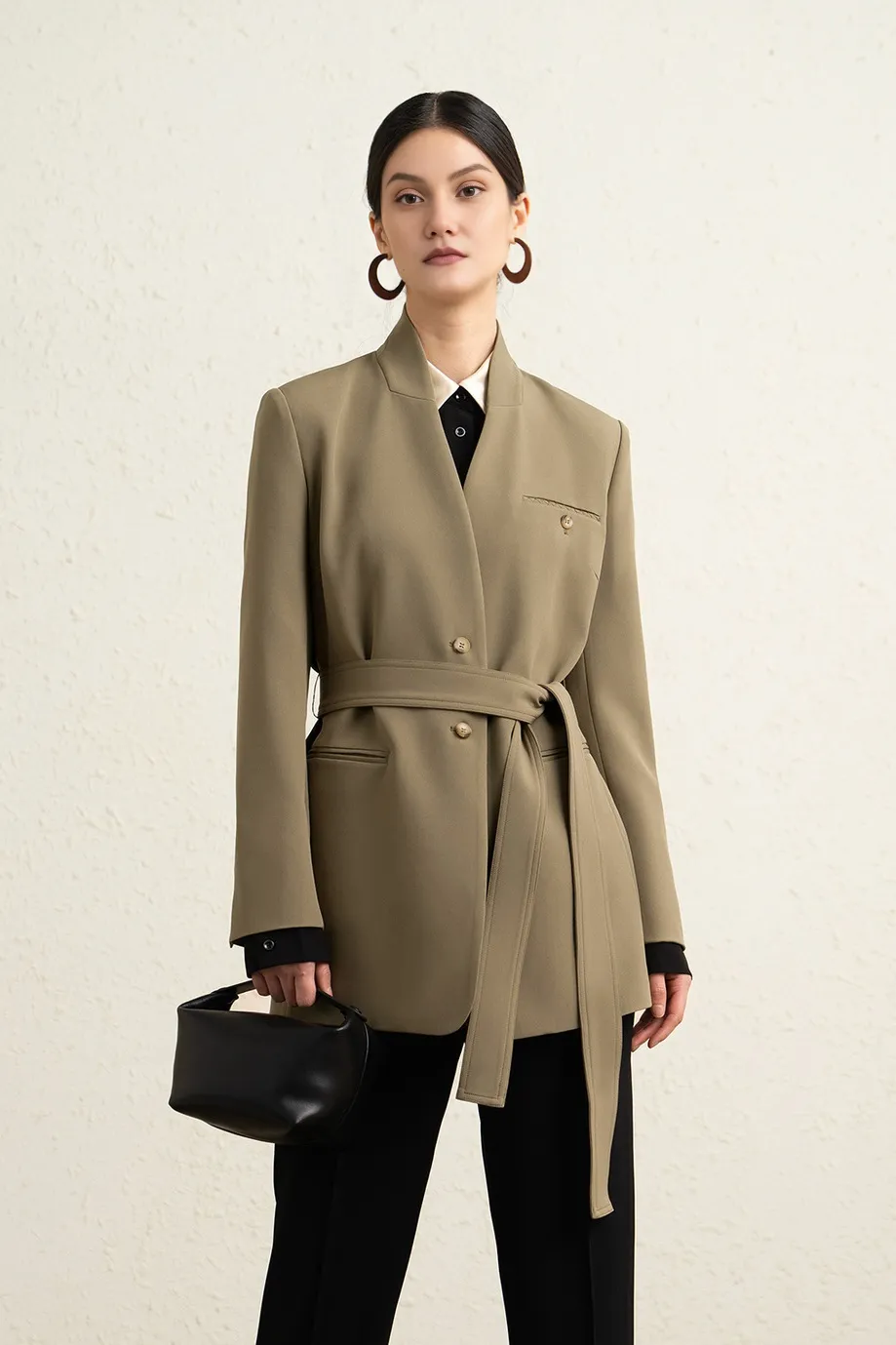 Single Breasted Stand Collar Long Belted Blazer
