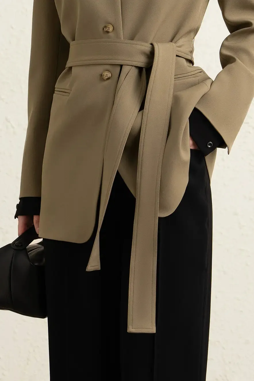 Single Breasted Stand Collar Long Belted Blazer