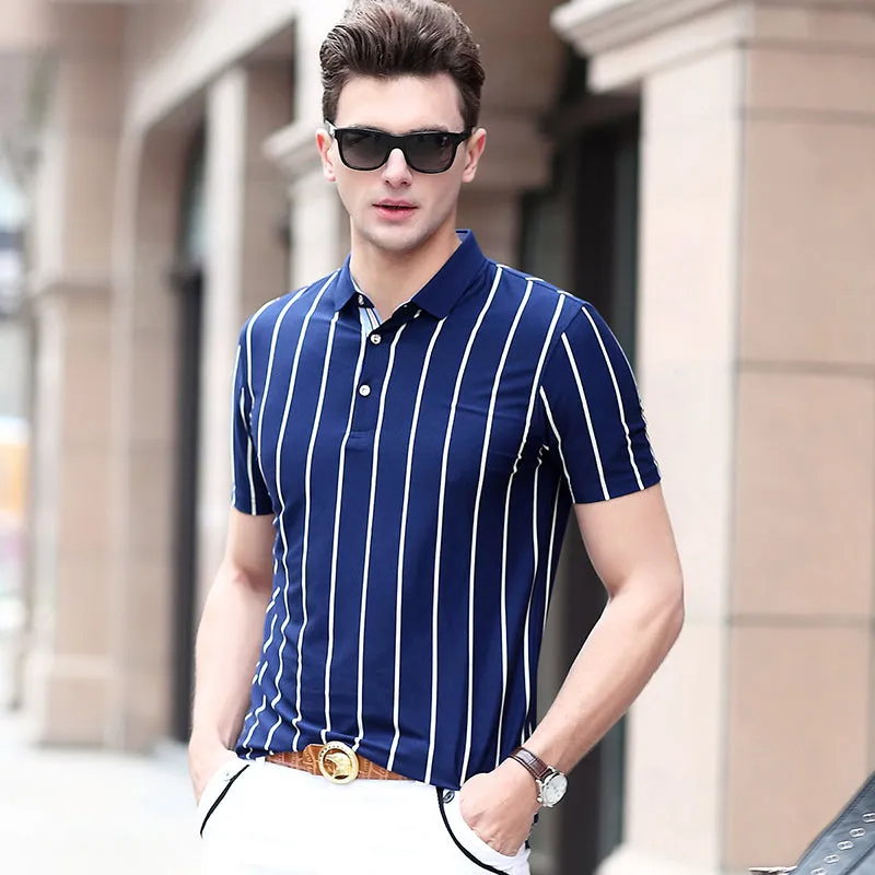 Striped 3 Buttons Men Short Sleeves Slim Fit Polo Shirt