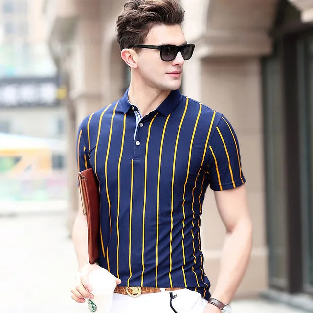 Striped 3 Buttons Men Short Sleeves Slim Fit Polo Shirt
