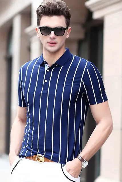 Striped 3 Buttons Men Short Sleeves Slim Fit Polo Shirt