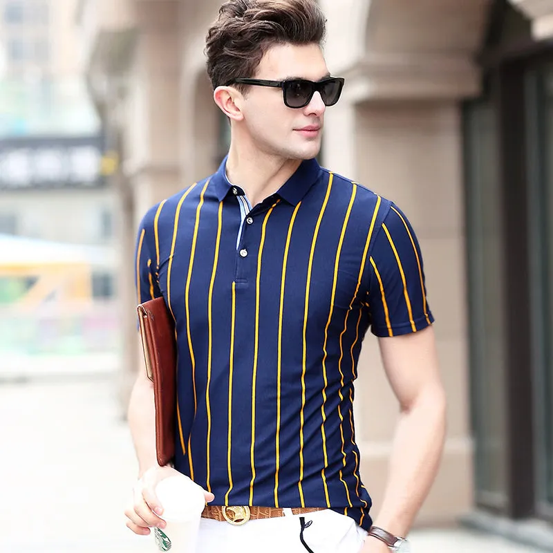 Striped 3 Buttons Men Short Sleeves Slim Fit Polo Shirt