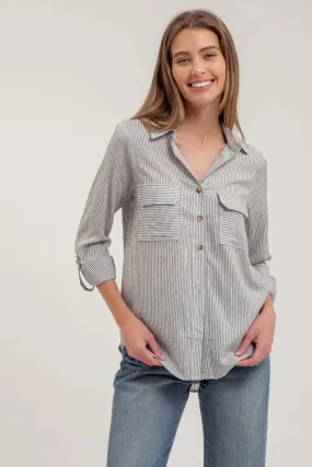 STRIPED COLLARED BUTTON DOWN WITH POCKETS