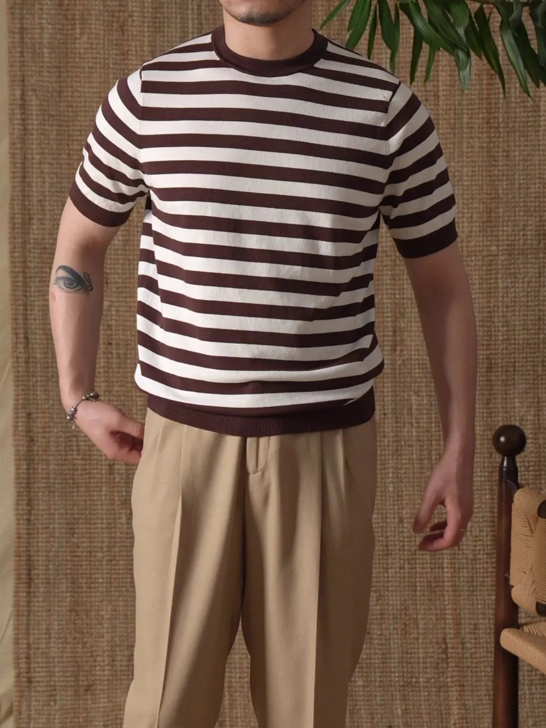 Striped Navy-striped Shirt Breathable Tencel Cotton Round Neck Short Sleeve T-shirt