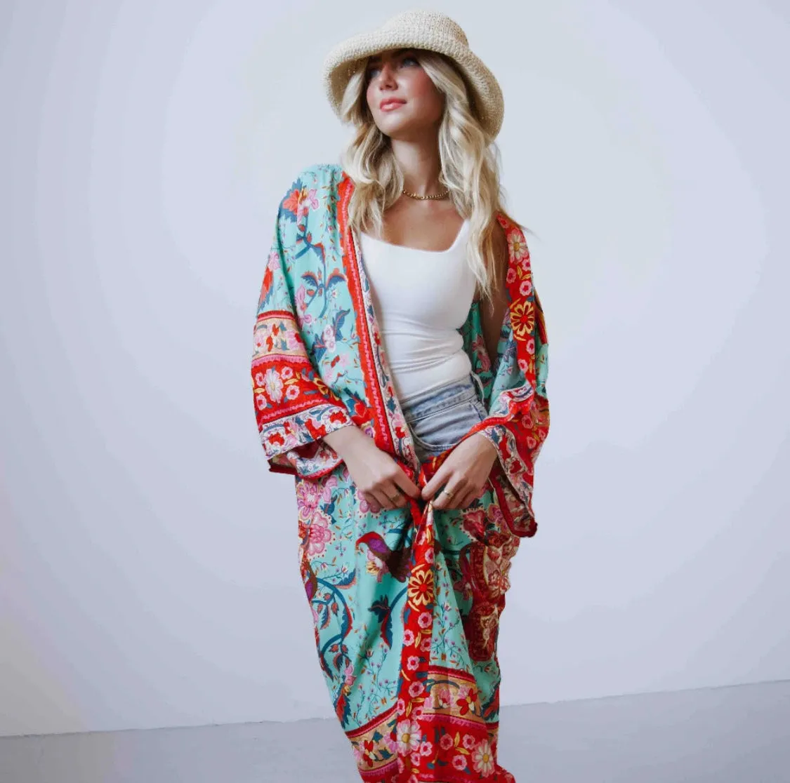 Tie Front Boho Chic Teal Floral Kimono - Preorder