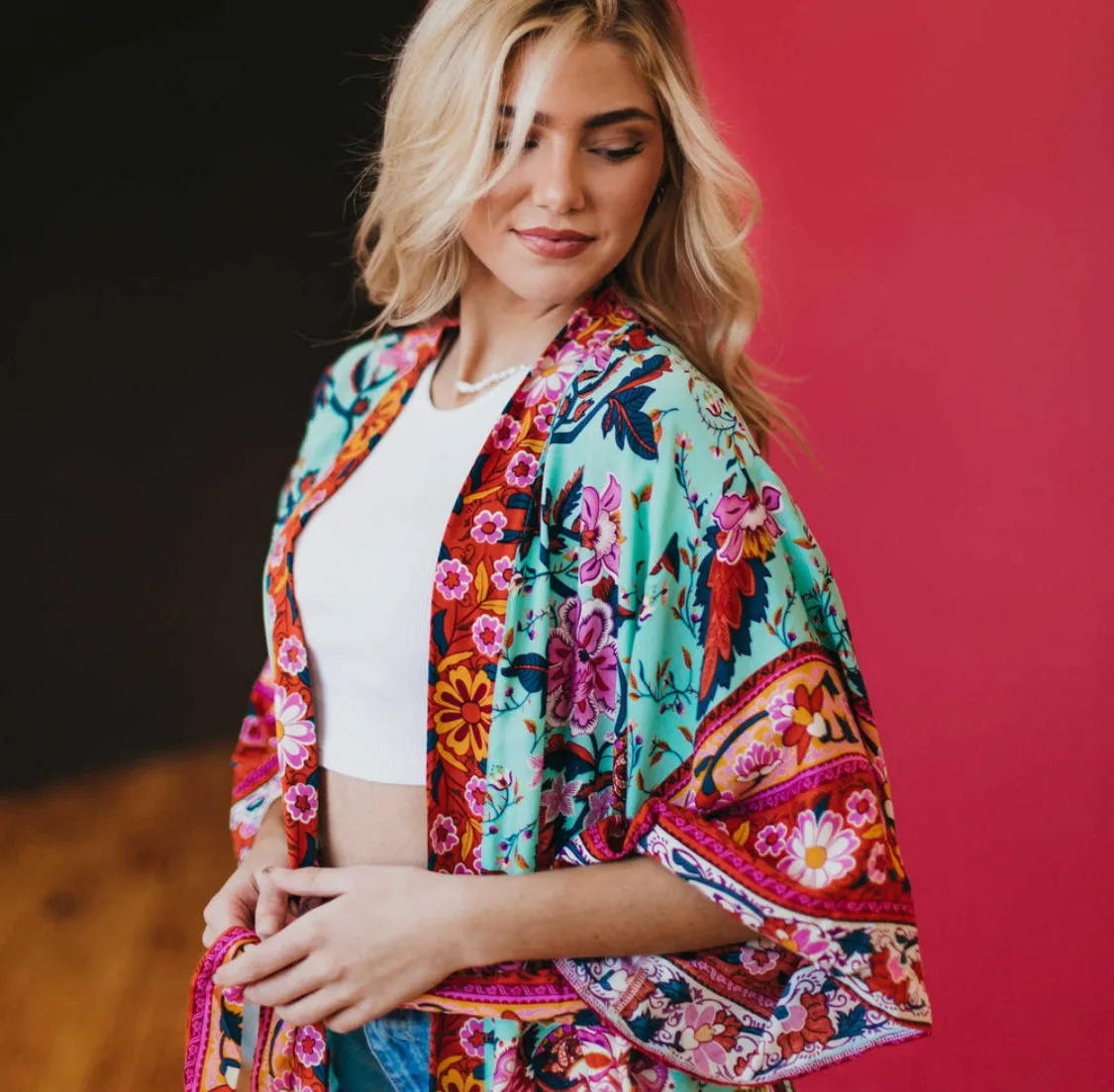 Tie Front Boho Chic Teal Floral Kimono - Preorder