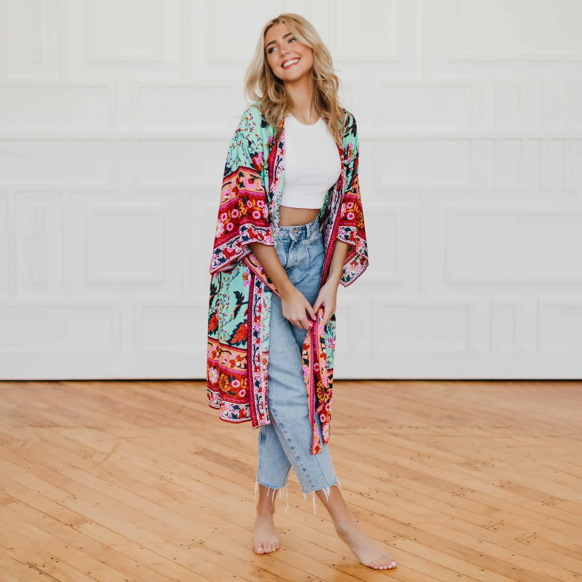 Tie Front Boho Chic Teal Floral Kimono - Preorder