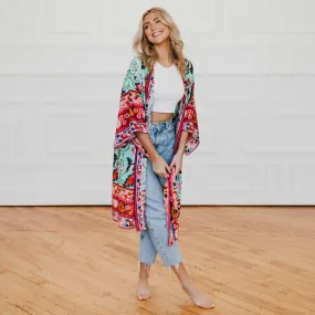 Tie Front Boho Chic Teal Floral Kimono - Preorder