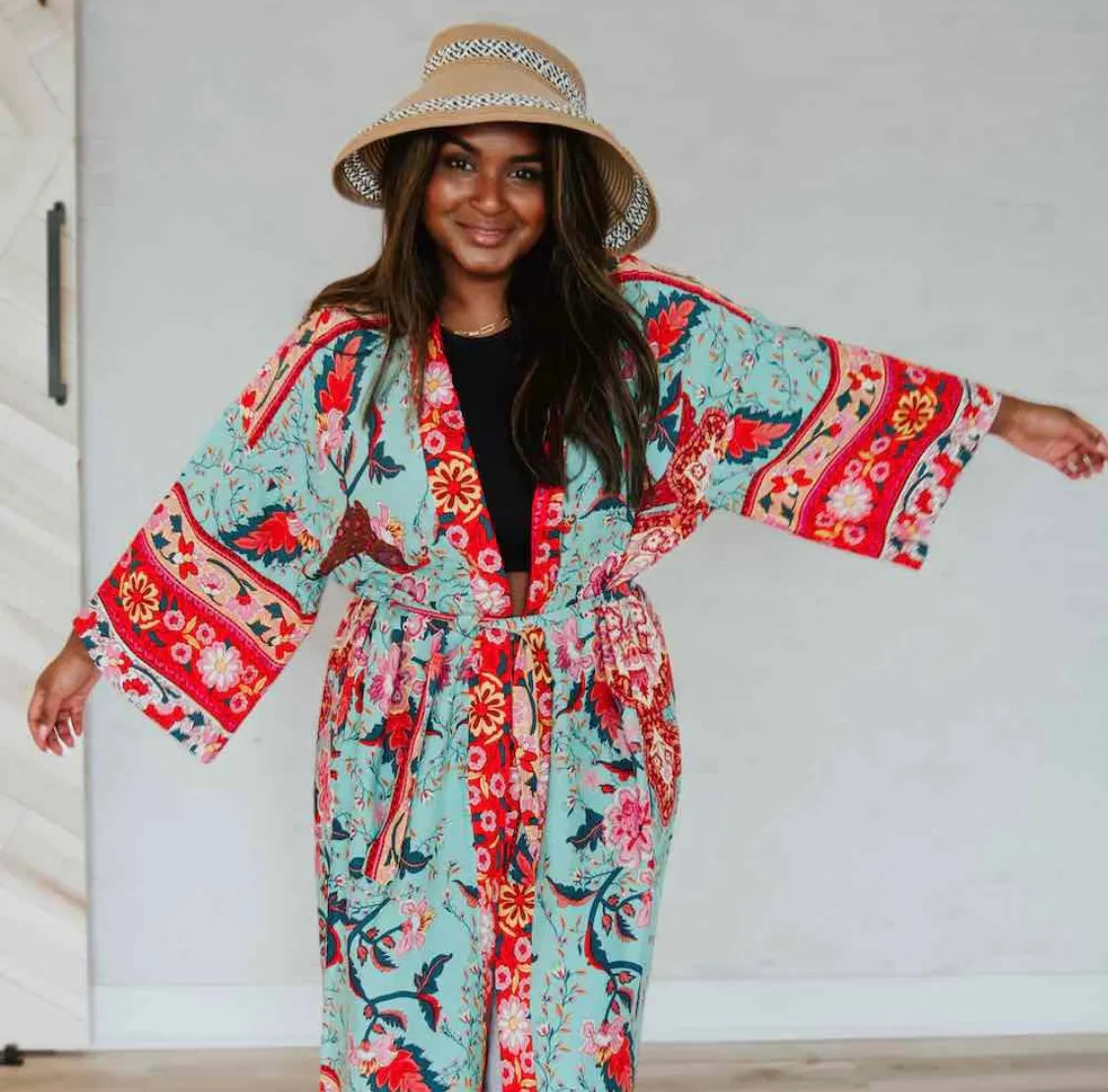 Tie Front Boho Chic Teal Floral Kimono - Preorder