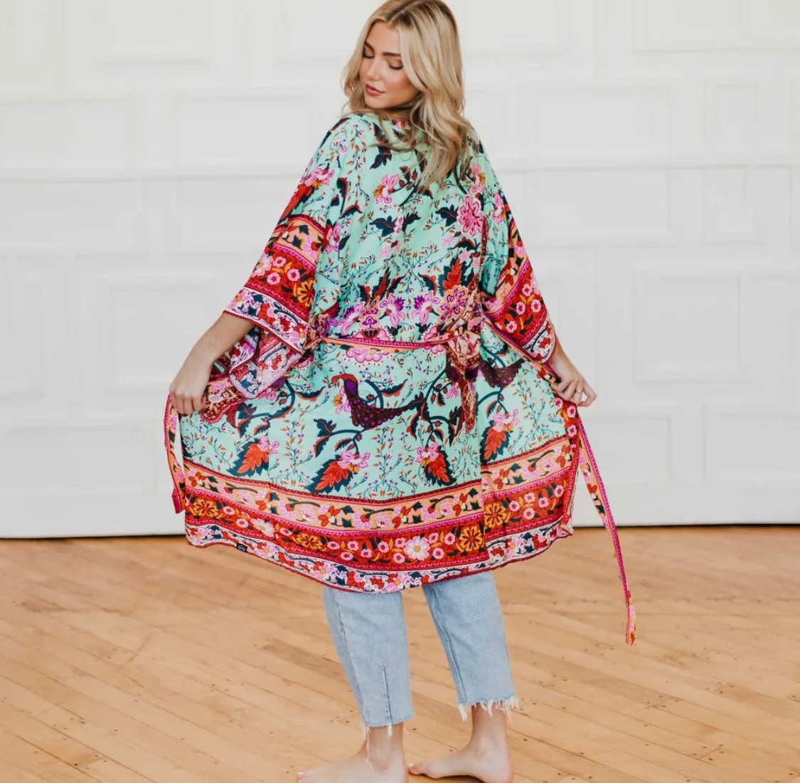 Tie Front Boho Chic Teal Floral Kimono - Preorder
