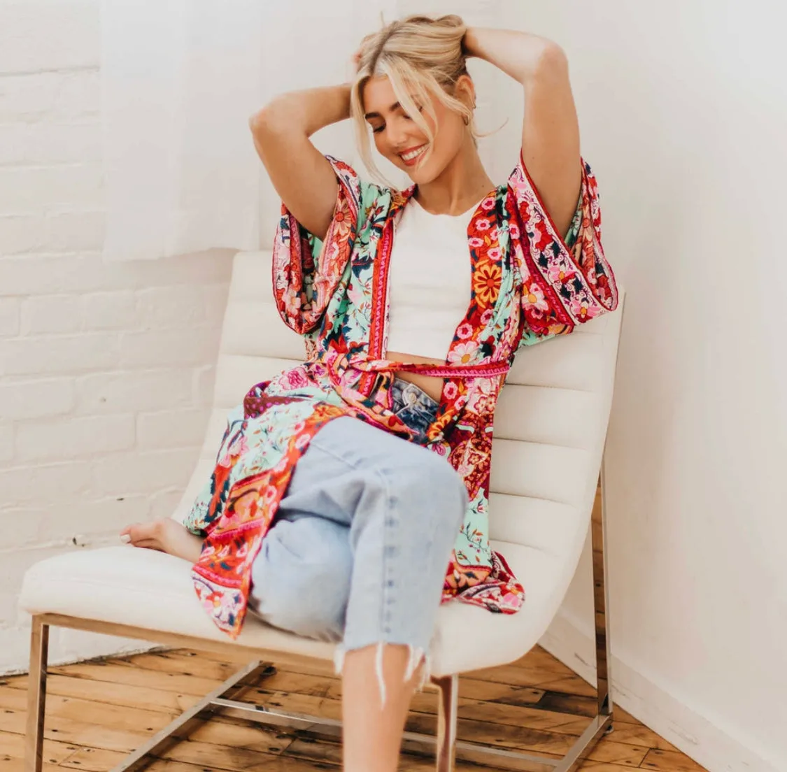 Tie Front Boho Chic Teal Floral Kimono - Preorder