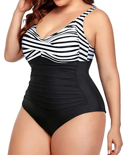 Tummy Control Retro One Piece Swimsuits Vintage Plus Size Swimwear-Black And White Stripe