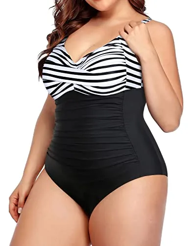Tummy Control Retro One Piece Swimsuits Vintage Plus Size Swimwear-Black And White Stripe